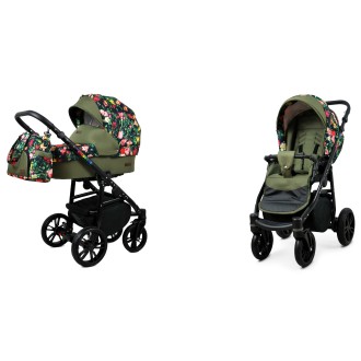 Kočárek BABYLUX Colorlux black dvojkombinace - roses with tulips on black