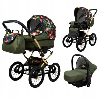 Kočárek Raf-pol BABYLUX Margaret Gold trojkombinace - roses with tulips on black